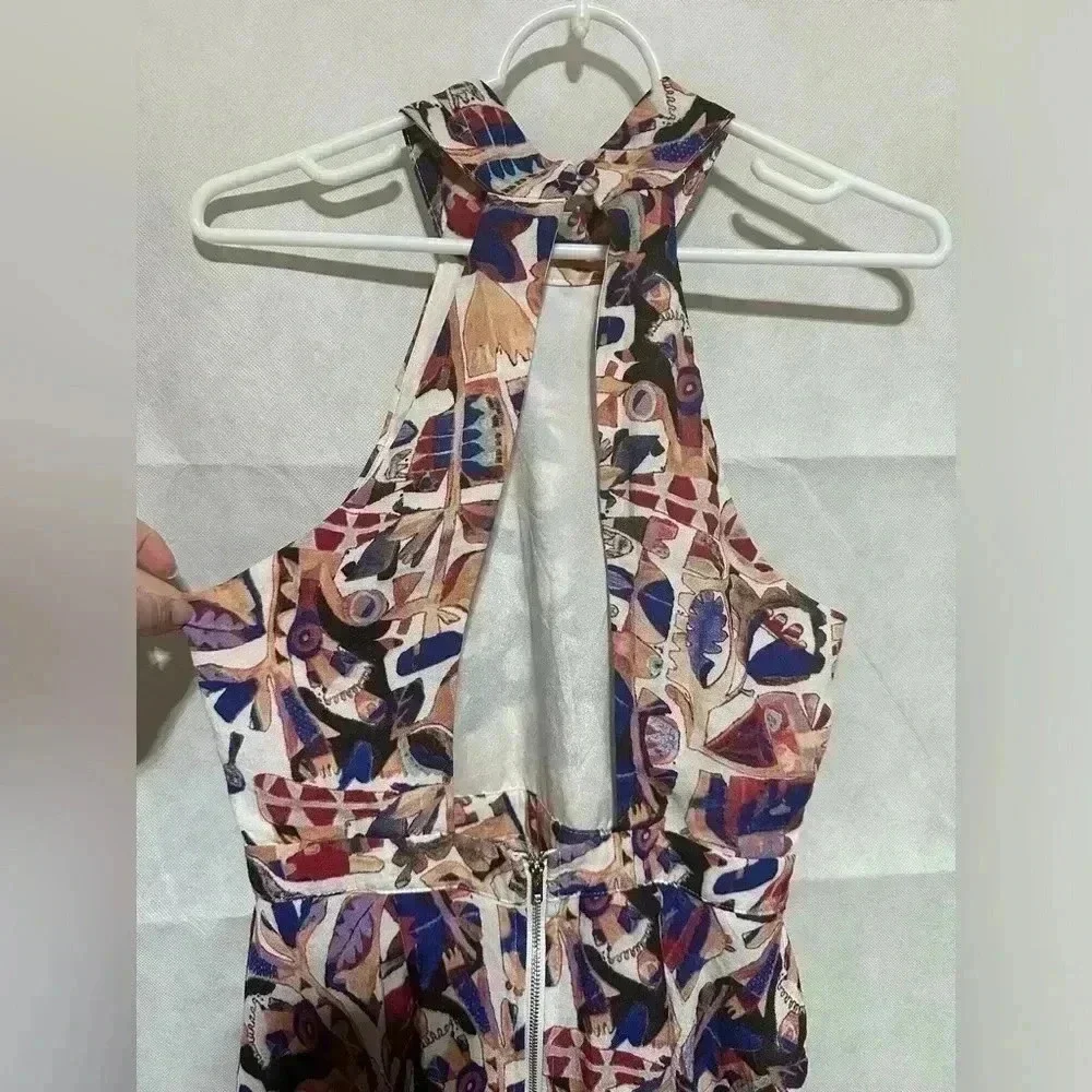 Lulus Sz. M Skater Dress Open Back Halter Neck Geometric Art One Eye Fit & Flare